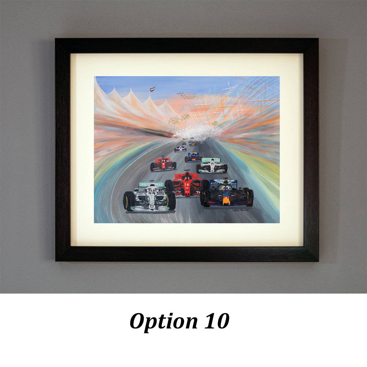 framed formula one wall art of the Abu Dhabi grand prix based on an original painting by Isle of Wight artist Julia Tanner