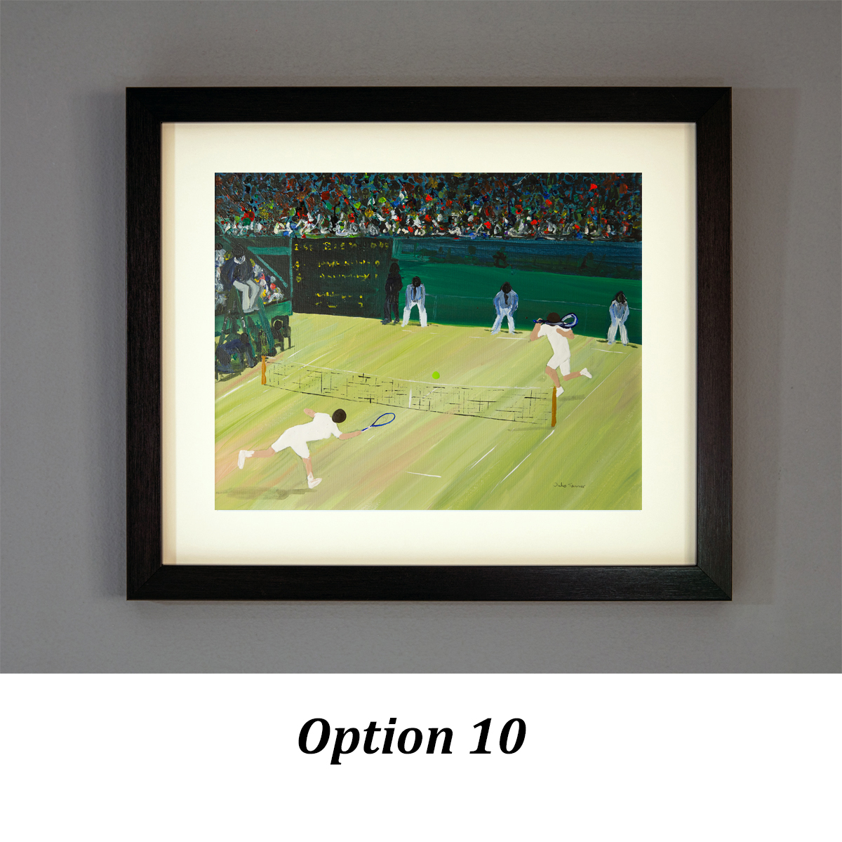 framed tennis wall art based on an original painting of the centre court at Wimbledon by Isle of Wight artist Julia Tanner