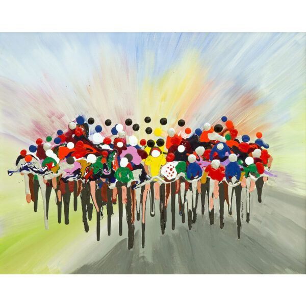 cycling art print by artist Julia Tanner featuring a bicycle race based on le Tour de France with abstract bikes that have been painted using dripped paint