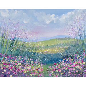 a painting of a hills and fields with a pink sky and pink flowers. There are 2 people walking hand in hand in the distance