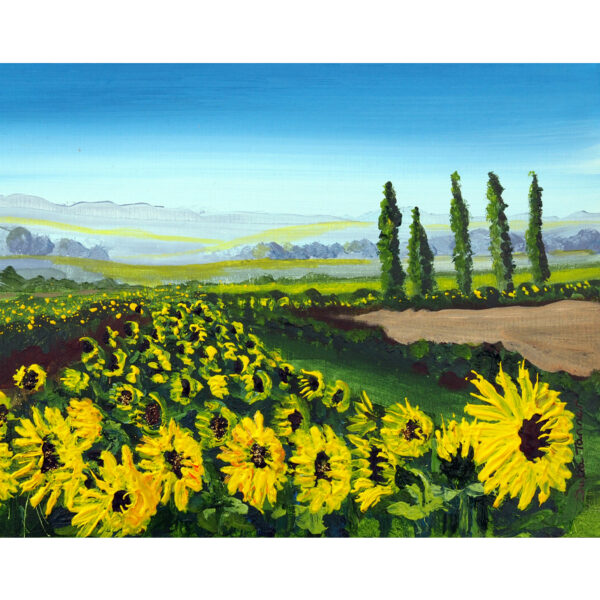 a painting of a field of sunflowers. There are distant hills and tall thin cypress trees