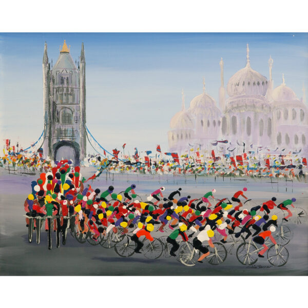 London to Brighton cycling art a painting by Julia Tanner showing the cyclists at tower bridge with the Brighton pavilion at the end