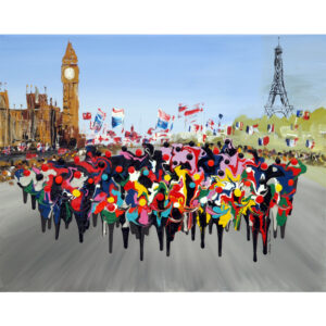 London to Paris cycling art print by artist Julia Tanner depicting to bicycle race, it has the Houses of Parliament on the left and the Eiffel Tower on the right with abstract 'dripped' cyclists in the middle