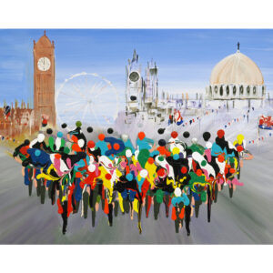 Print of the painting 'Ride London' by artist Julia Tanner showing the famous cycling race painted in an abstract 'dripped' style.
