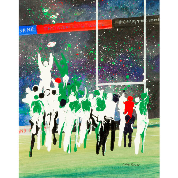 rugby art print by Isle of Wight artist Julia Tanner showing the line out in a rugby match between England and Ireland. The paint is dripped down the canvas to create a slightly abstract painting with lots of movement