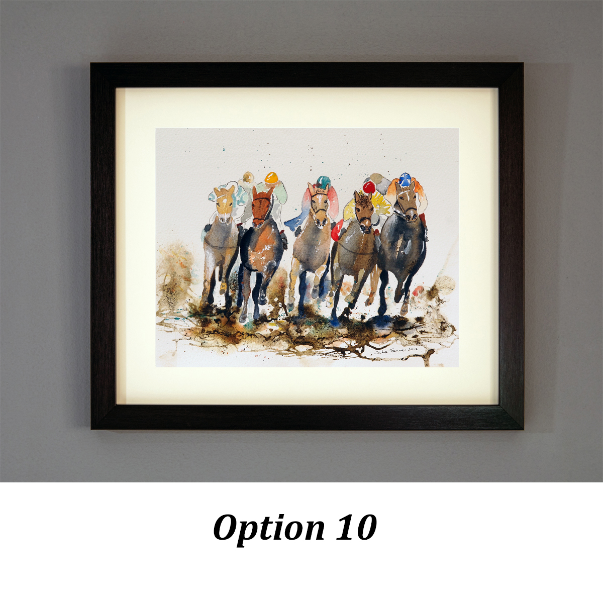 framed wall art of a watercolour horse race by Isle of Wight artist Julia Tanner showing galloping horses