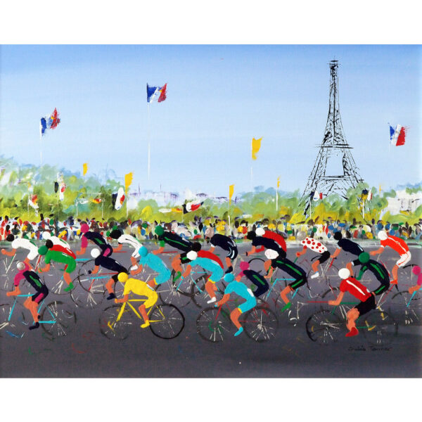 Tour de France art print by Julia Tanner showing the cyclist riding past the Eiffel tour in their brightly coloured jerseys