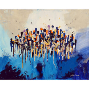 an abstract painting using drips of paint to depict a jazz band