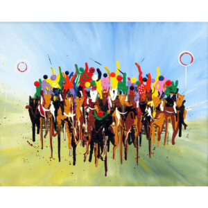 an abstract painting of a horse race using dripped paint