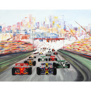 a painting of the start of the Monaco Grand Prix