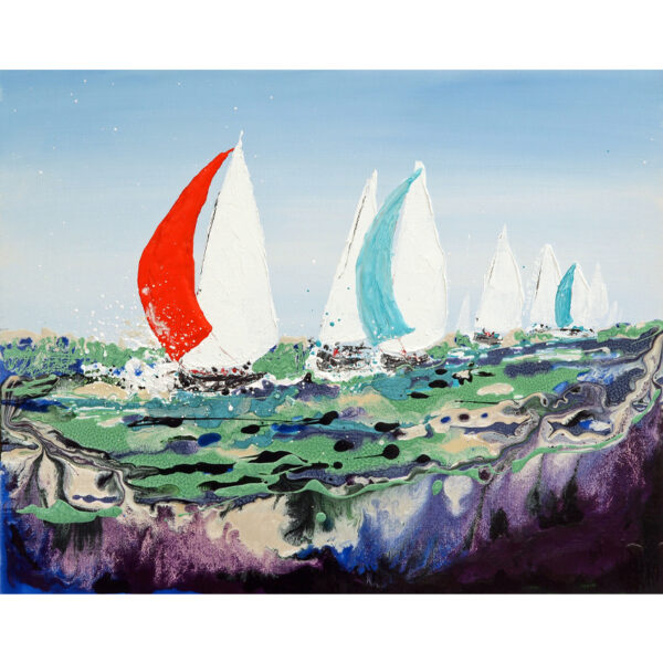 a painting of yachts sailing on the ocean using Pebeo mixed media paints and acrylics