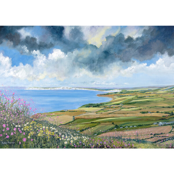 A print of a painting showing the view from The Pepperpot on The Isle of Wight over the west side of the island. this ky is stormy and there are field. flowers and the sea in view