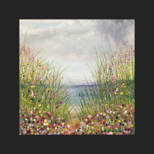a picture of a glass coaster featuring a painting of flowers by the seaside