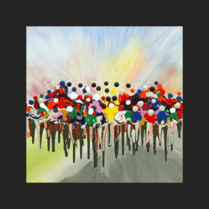 a photograph of a glass coaster which contains a fine art print of an abstract cycling painting. Drips of paint have been used to create a group of cyclists and there bikes in a group speeding towards the viewer