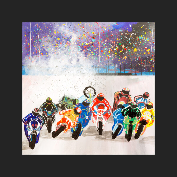 a heat resistant toughened glass coaster showing a painting of a Moto gp race with Jorge Lorenzo, no 99 on the left