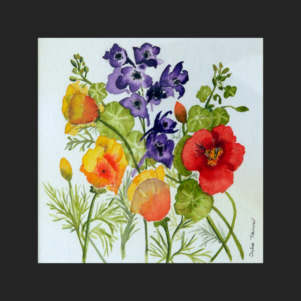 a picture of a glass coaster showing a watercolour painting of delphiniums and nasturtiums