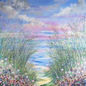 a painting of the sea with grasses and wildflowers in the foreground. The sky is pink and there is an overall feeling of calm