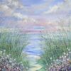 This painting depicts wildflowers by the seaside, the sky is pink and it gives a feeling of calm