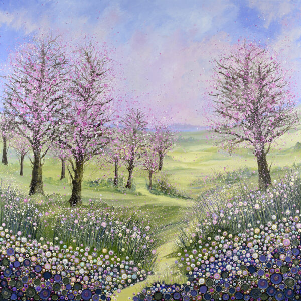 a painting of cherry trees with pink blossom using acrylic paint. There is a winding path leading into the distance and abstract floors either side in pink and purple tones