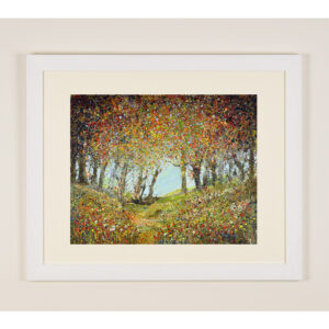 autumn colours - a print from a painting by Isle of Wight artist Julia Tanner showing trees and leaves in shades of orange red copper and gold