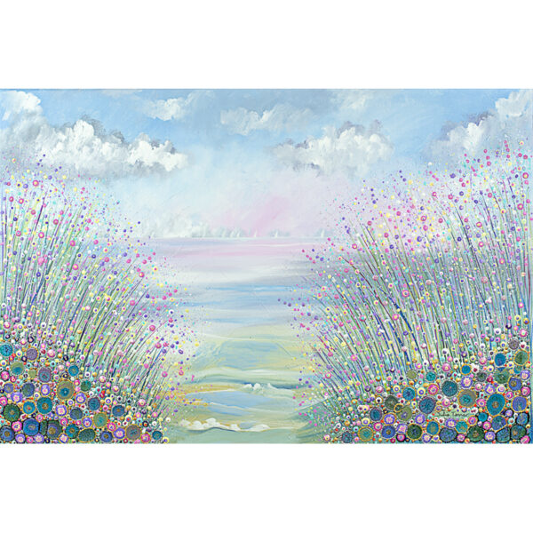 a large framed original painting using acrylic and oil paints. The painting is of the sea and has a dramatic sky with hints of pink and lots of pink and purple flowers in the foreground amongst blowing grasses
