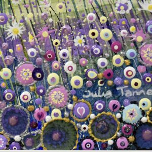 A photograph showing close up details of the flowers in my painting called 'hill cottage'. There consist of lots of circles of paint with abstract patterns