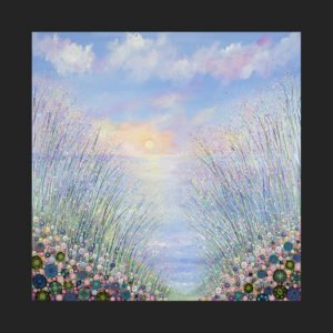 a photo of a toughened glass coaster showing the painting 'The End of a Perfect Day' which is a seaside painting with a dramatic sky and lots of flowers and grasses