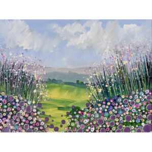 a framed acrylic painting of a landscape with grasses and flowers in tones of pinks and purples