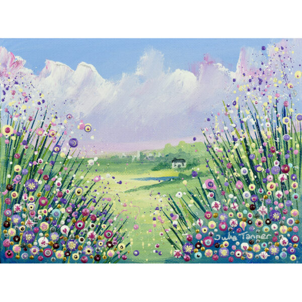 An acrylic painting in a frame showing a landscape with a pink glow in the sky. There are grasses and flowers in pinks and purples and a pretty cottage in the distance