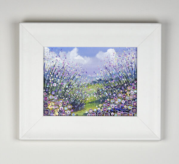 Sunlit Meadow III original acrylic painting on canvas board simple white frame pastel colours landscape flowers