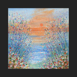 A heat resistant toughened glass coaster containing an image by Isle of Wight artist Julia Tanner called summer sun - a seaside painting with an orange sky