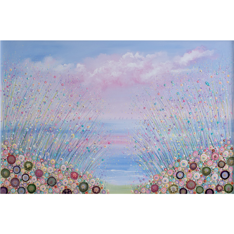 a painting of the seaside with a pink sky and beautiful flowers