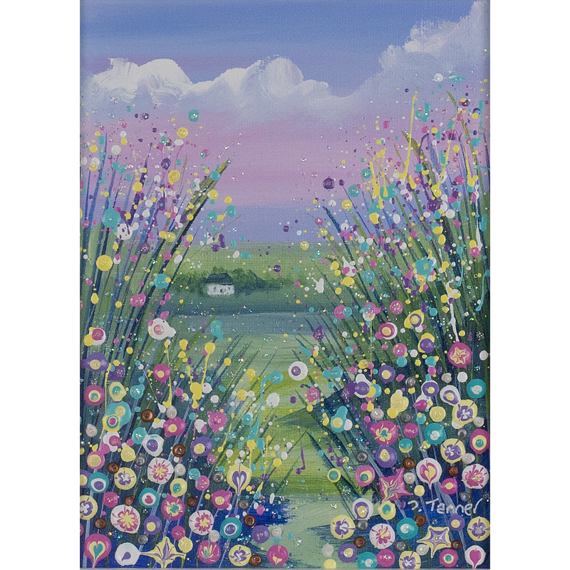 an acrylic painting showing a flower meadow in colours of pinks, purples and lemons using acrylic paint by Julia Tanner