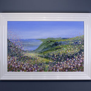 a landscape painting with the sea in the distance. there is a sea view cottage on the hillside and lots of pretty, slightly abstract flowers on the foreground