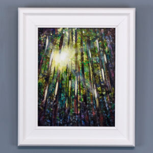 forest painting enchanted woods showing the sunlit streaming through the trees